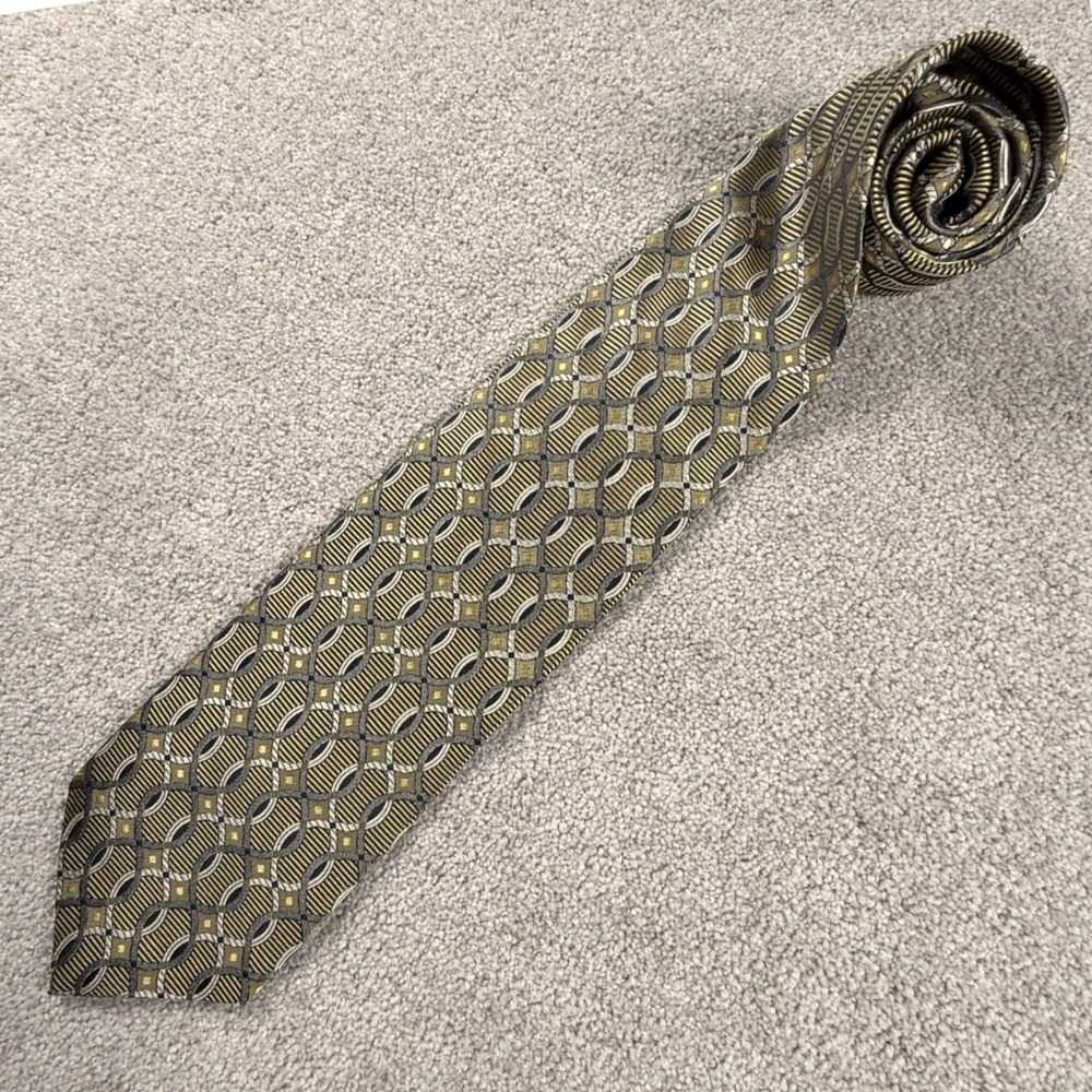 Bruno Piattelli Necktie Mens OS Gold Green Geometric Silk Excellent Made in USA